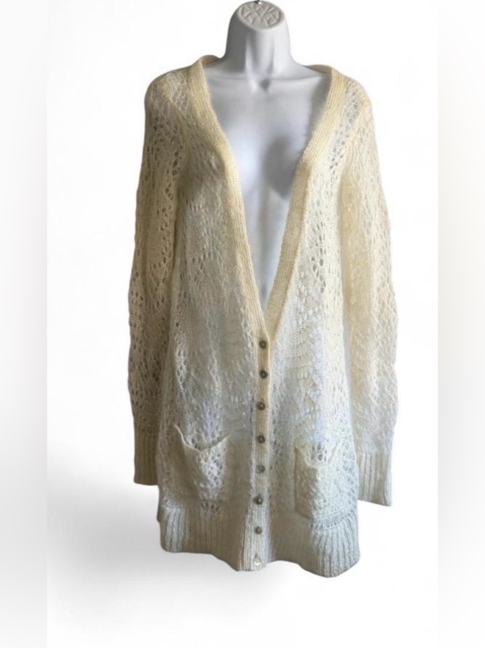 Free people mohair Cream Open-Knit Button Front Women's Cardigan Sweater